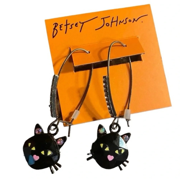 BETSEY JOHNSON Halloween Angular Cut Black Cat with Crystals Dangle Earrings NWT - Picture 6 of 8